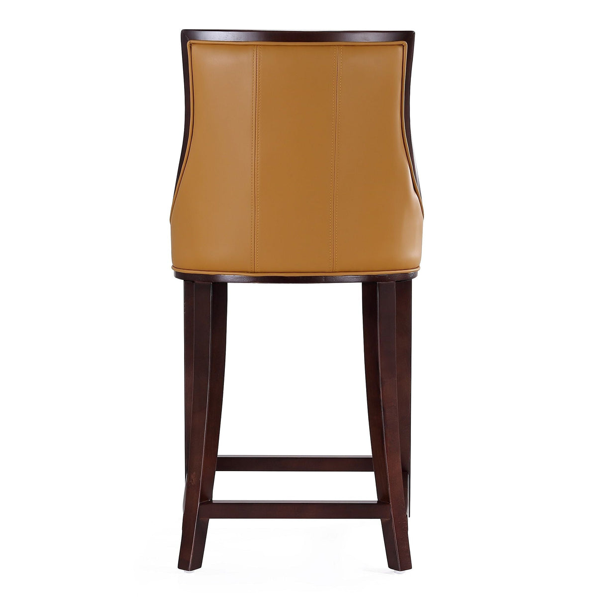 Bar height stool with solid dark wood frame and tan leather upholstered back on Tampa Home & Garden Store