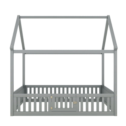 Wood House Bed With Fence And Door gray finish platform bed frame on Tampa Home & Garden Store