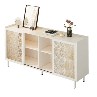 Sicotas Mid Century Sideboard white finish with carved beige fretwork doors by HouseOfZazla on Tampa Home & Garden Store