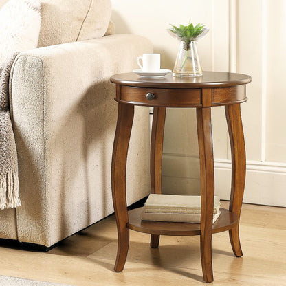 Walnut accent table with drawer and shelf, round top, curved legs in a warm living room on Tampa Home & Garden Store
