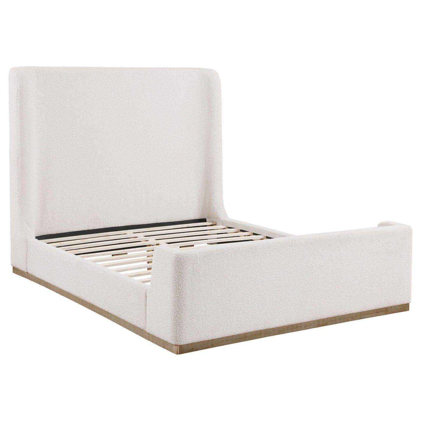 Vindra Queen Sleigh Bed cream upholstery by HouseOfZazla; cream upholstered bed frame with light wood base on Tampa Home & Garden Store