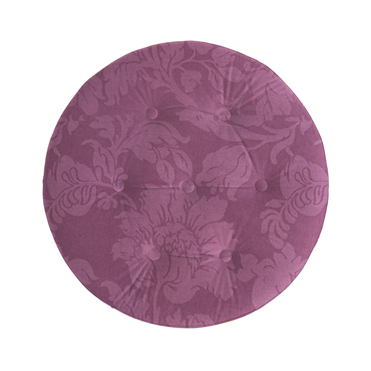 Round purple tufted upholstered ottoman with damask floral pattern on Tampa Home & Garden Store