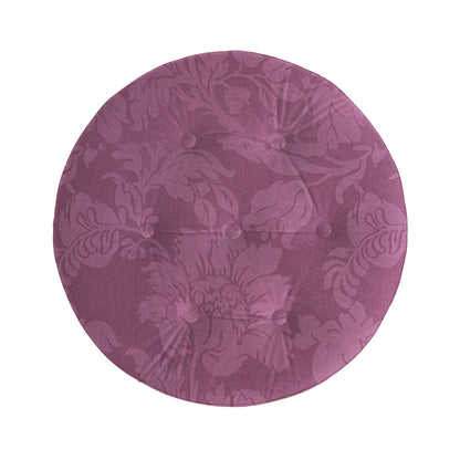 Round purple tufted upholstered ottoman with damask floral pattern on Tampa Home & Garden Store
