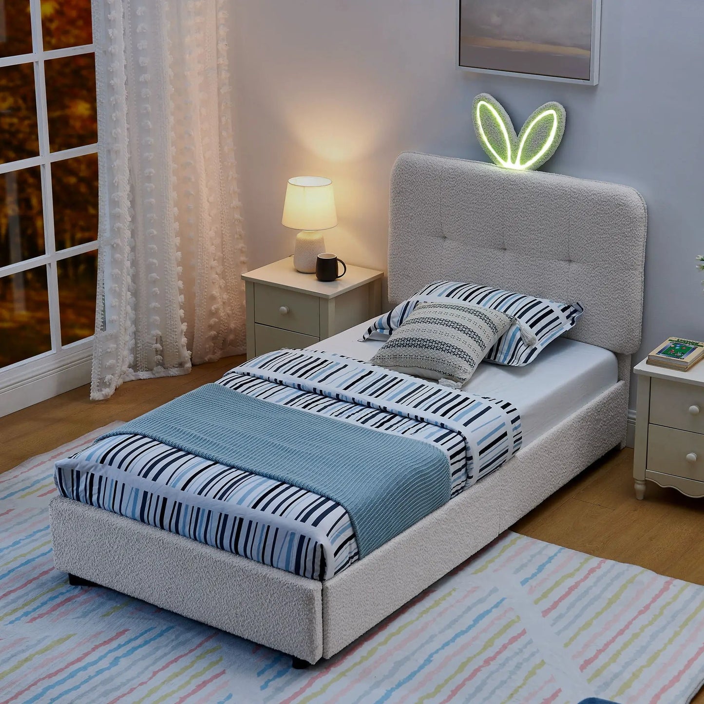 Upholstered Bed with Rabbit Ear Headboard and LED