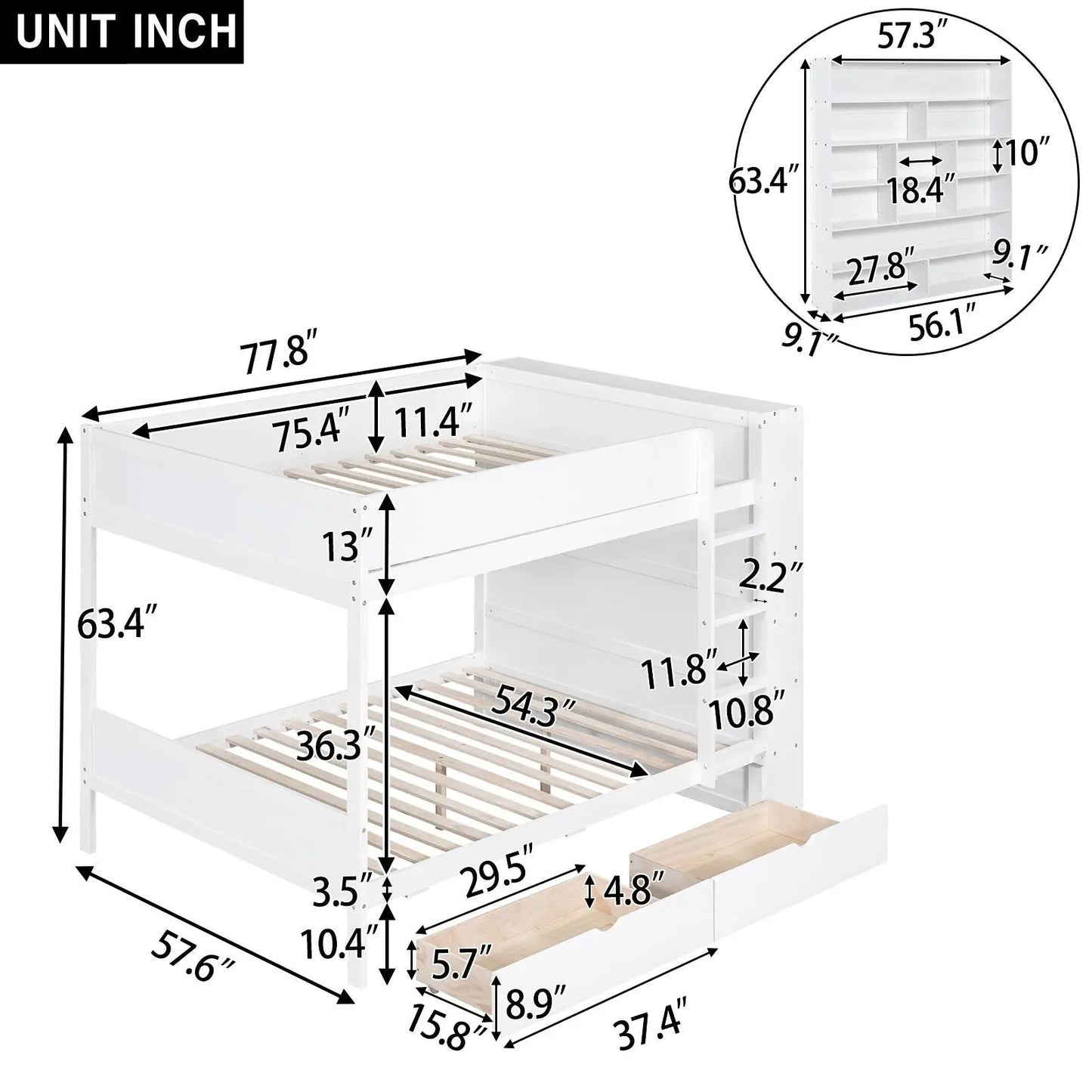Bunk Bed With 2 Drawers And Cabinet, white finish, Unique Piece Furniture on Tampa Home & Garden Store