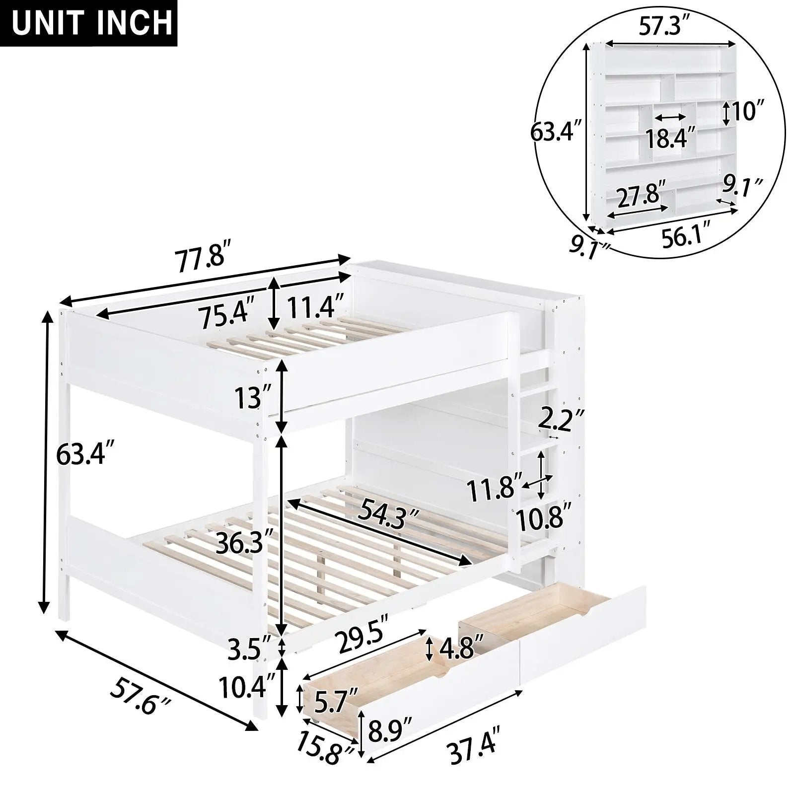 Bunk Bed With 2 Drawers And Cabinet, white finish, Unique Piece Furniture on Tampa Home & Garden Store