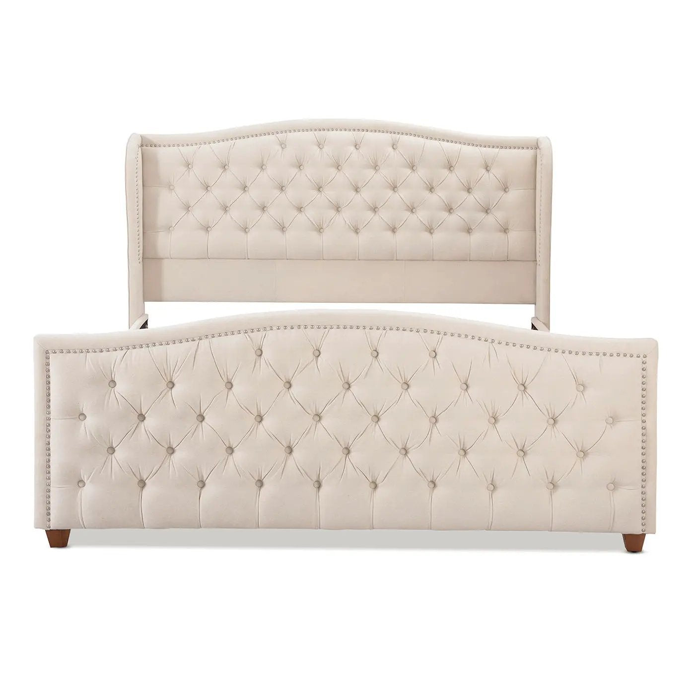 Marcella Upholstered Shelter Headboard Bed Set 2pc, beige tufted with nailhead trim Unique Piece on Tampa Home & Garden Store