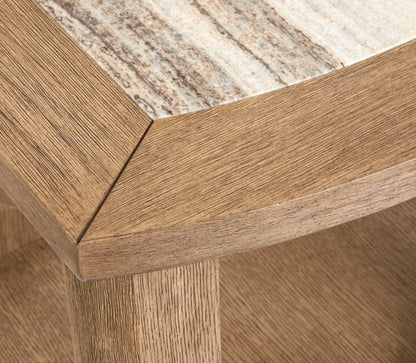 Bradford rectangular end table with oak wood grain frame and light marble-like border on Tampa Home & Garden Store
