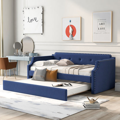 Upholstered Daybed With Trundle in blue with nailhead trim by HouseOfZazla on Tampa Home & Garden Store