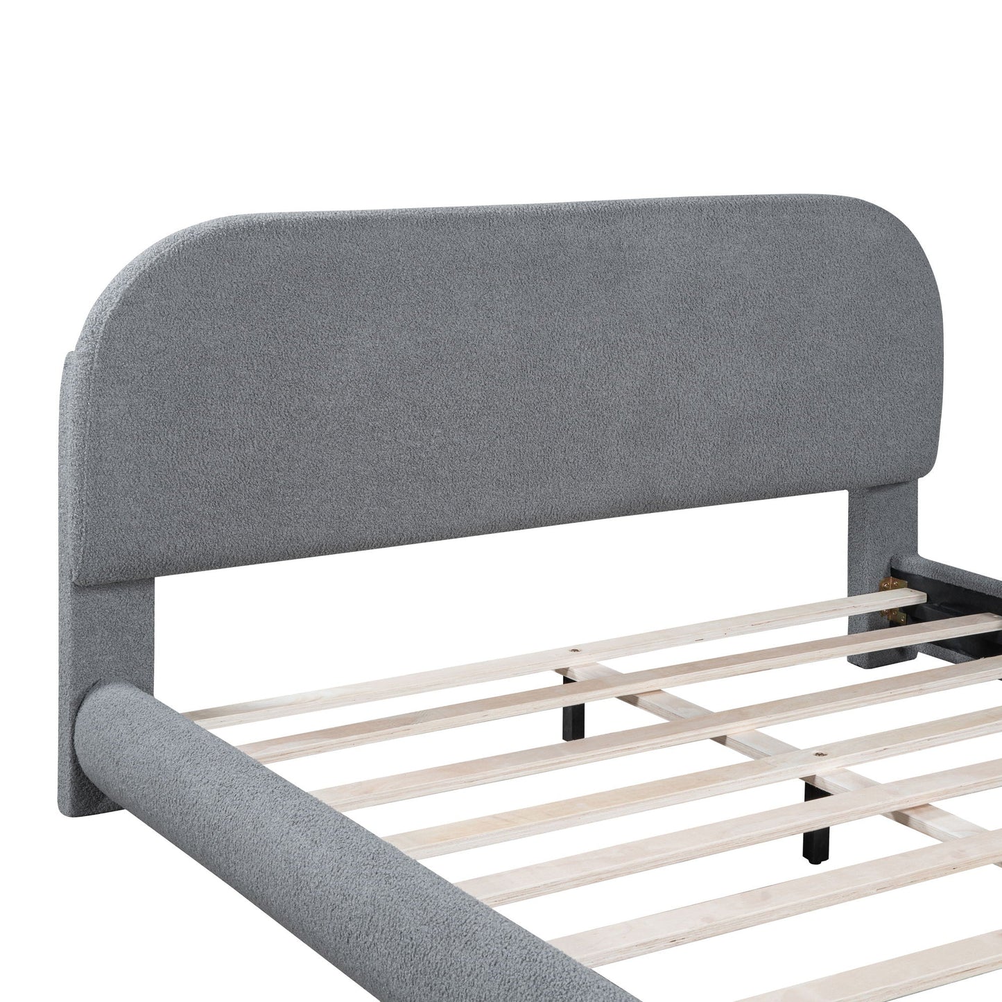Upholstered platform bed with thick solid gray frame and curved headboard, wood slat base on Tampa Home & Garden Store