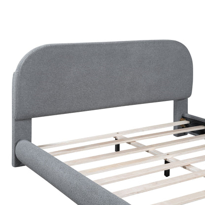Upholstered platform bed with thick solid gray frame and curved headboard, wood slat base on Tampa Home & Garden Store