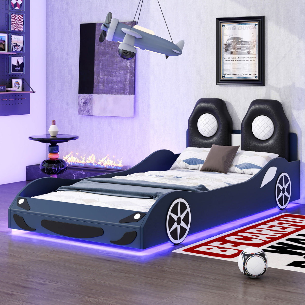Race car shaped platform bed with LED lighting and upholstered backrest in blue-gray color on Tampa Home & Garden Store