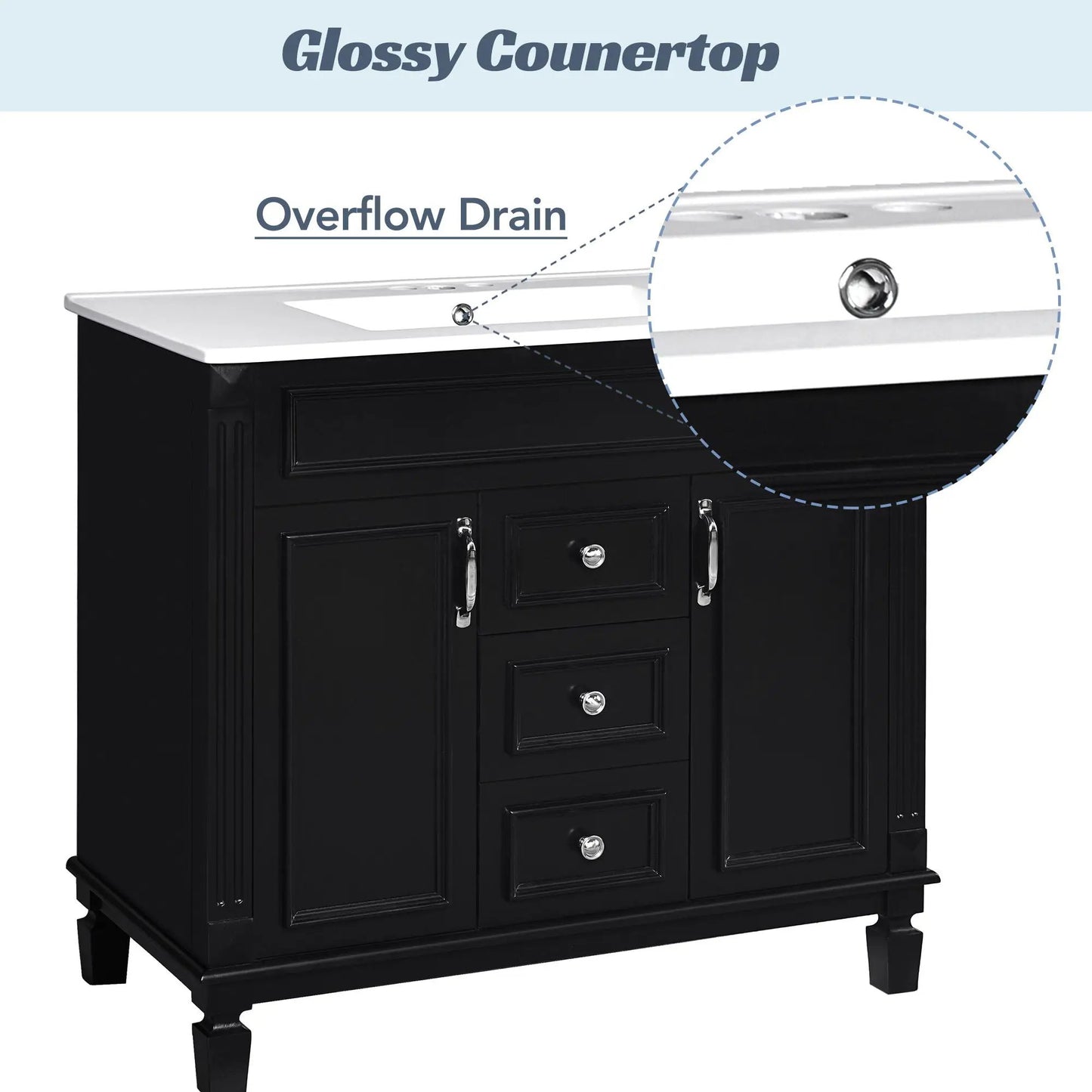 Bathroom vanity with top sink on black cabinet, 2 soft-close doors and 2 drawers on Tampa Home & Garden Store