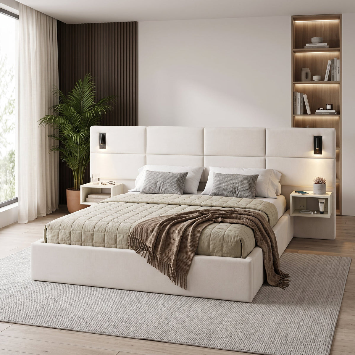 HouseOfZazla king upholstered bed with reading lamp and shelves on Tampa Home & Garden Store