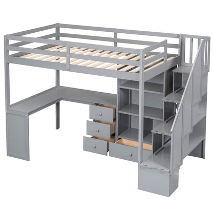 Loft bed with L-shaped desk, drawers, and storage staircase in gray by HouseOfZazla on Tampa Home & Garden Store