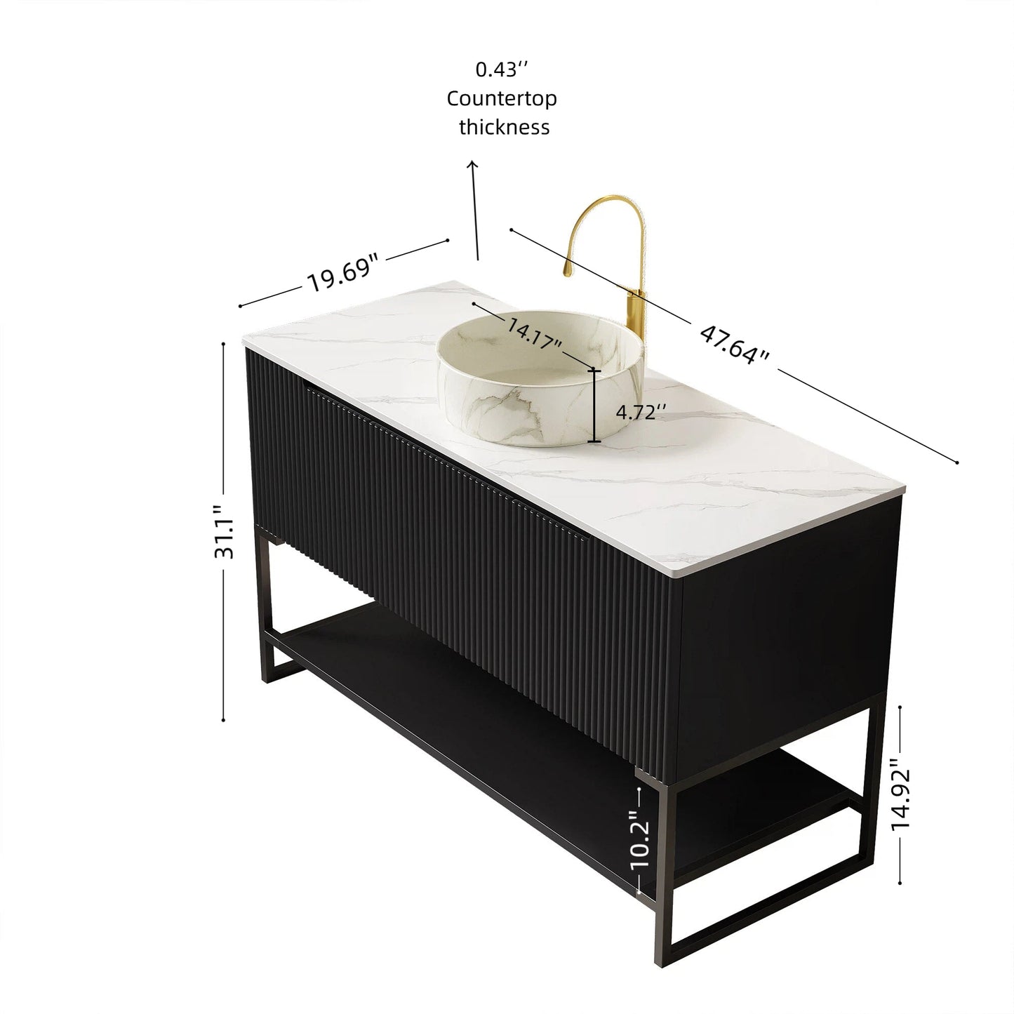 Tulio 48in Bathroom Vanity & Sink, black cabinet with marble top and gold faucet on Tampa Home & Garden Store