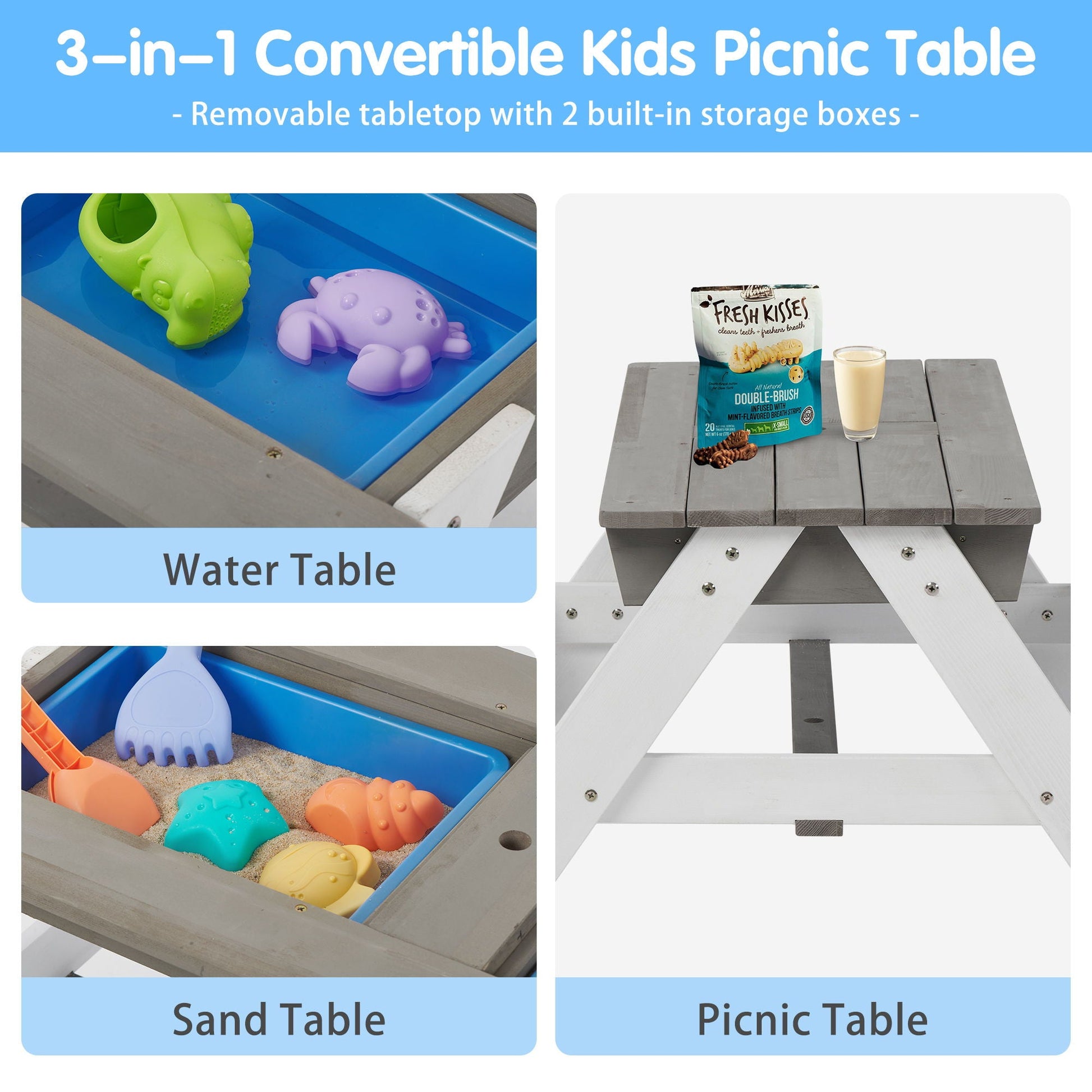 3-in-1 Kids Outdoor Wooden Picnic Table By HouseOfZazla gray wood with water and sand on Tampa Home & Garden Store