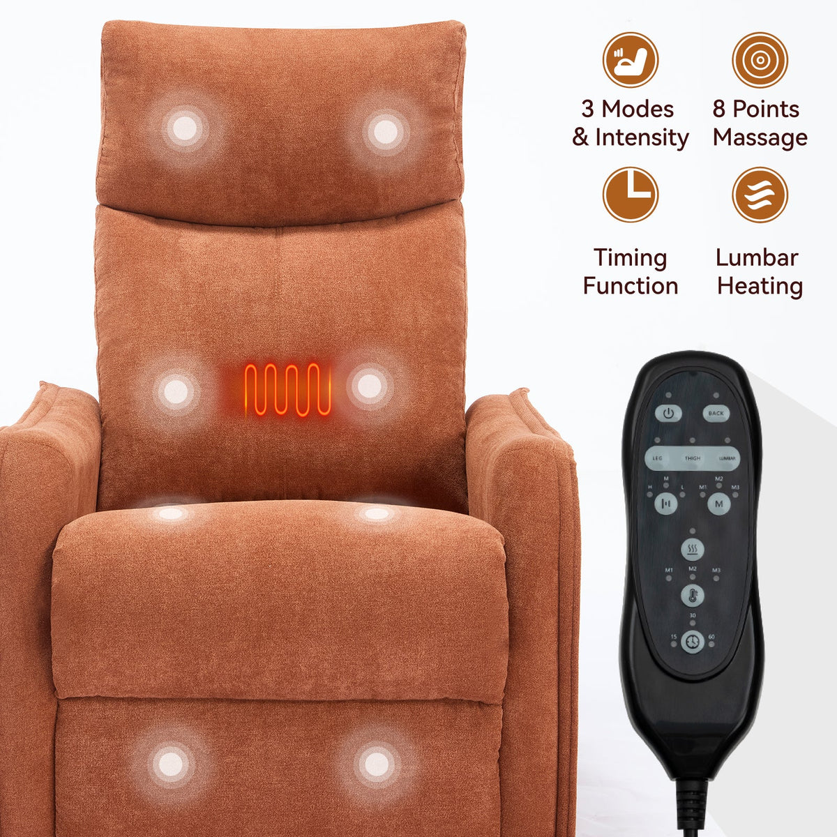 Heat massage recliner chair with rocker & swivel in burnt orange fabric by HouseOfZazla on Tampa Home & Garden Store