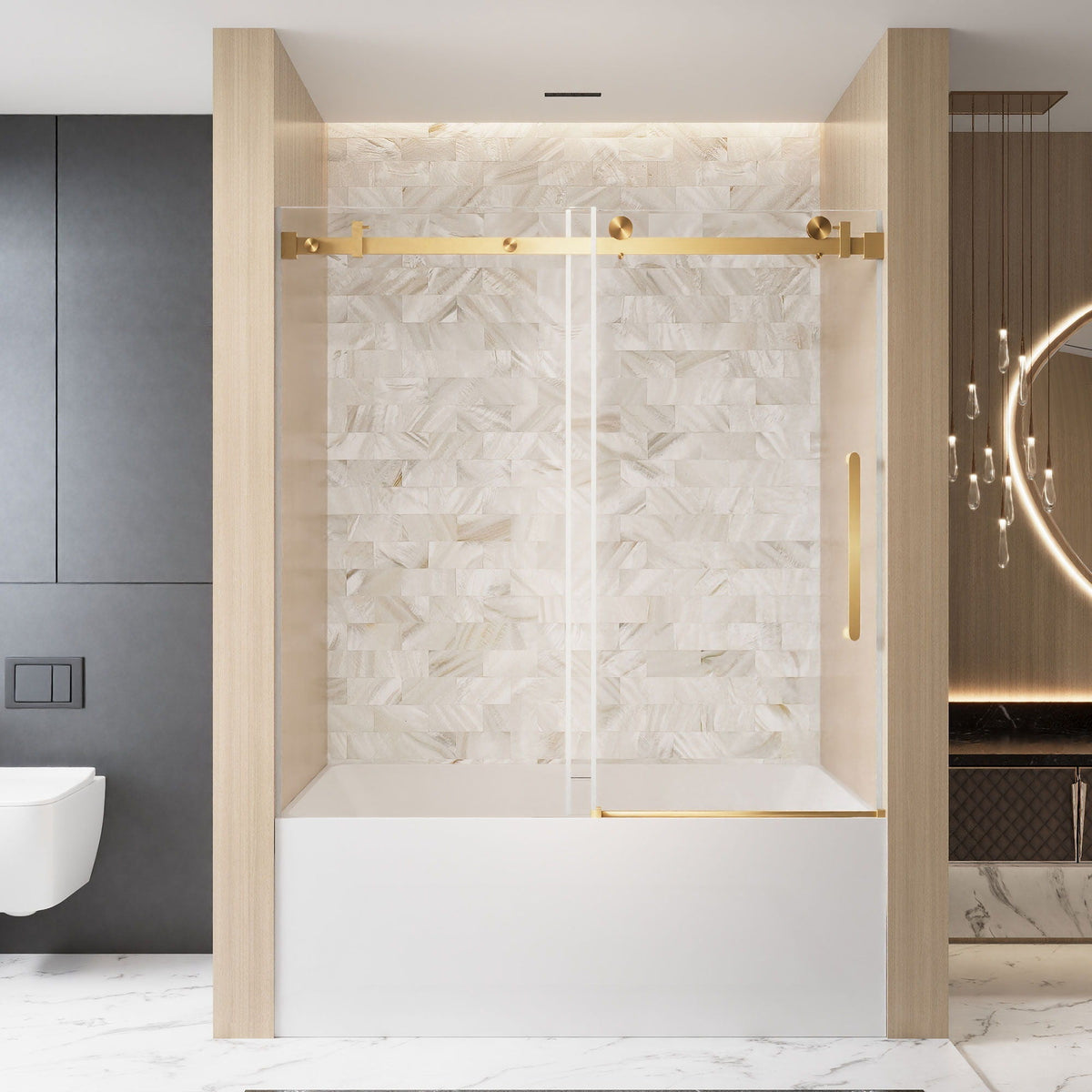 Frameless sliding shower door with gold square-tube track and handle in modern bathroom on Tampa Home & Garden Store