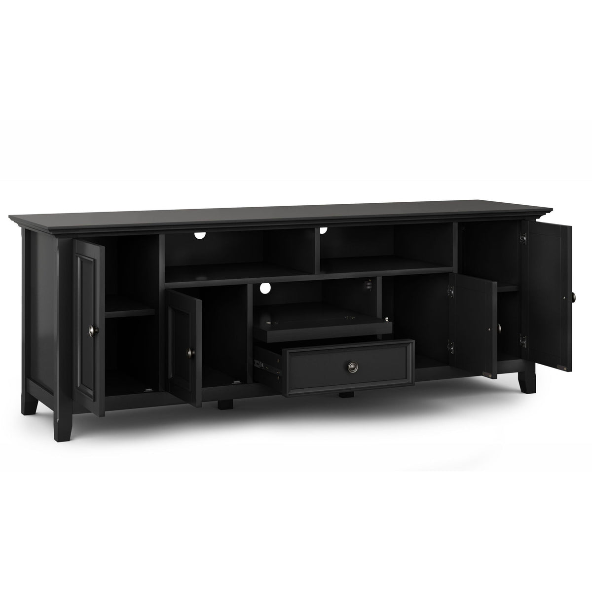 Wide TV Stand solid wood black finish by HouseOfZazla with open cubbies and cabinets on Tampa Home & Garden Store