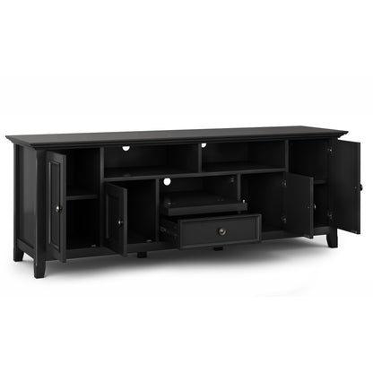 Wide TV Stand solid wood black finish by HouseOfZazla with open cubbies and cabinets on Tampa Home & Garden Store