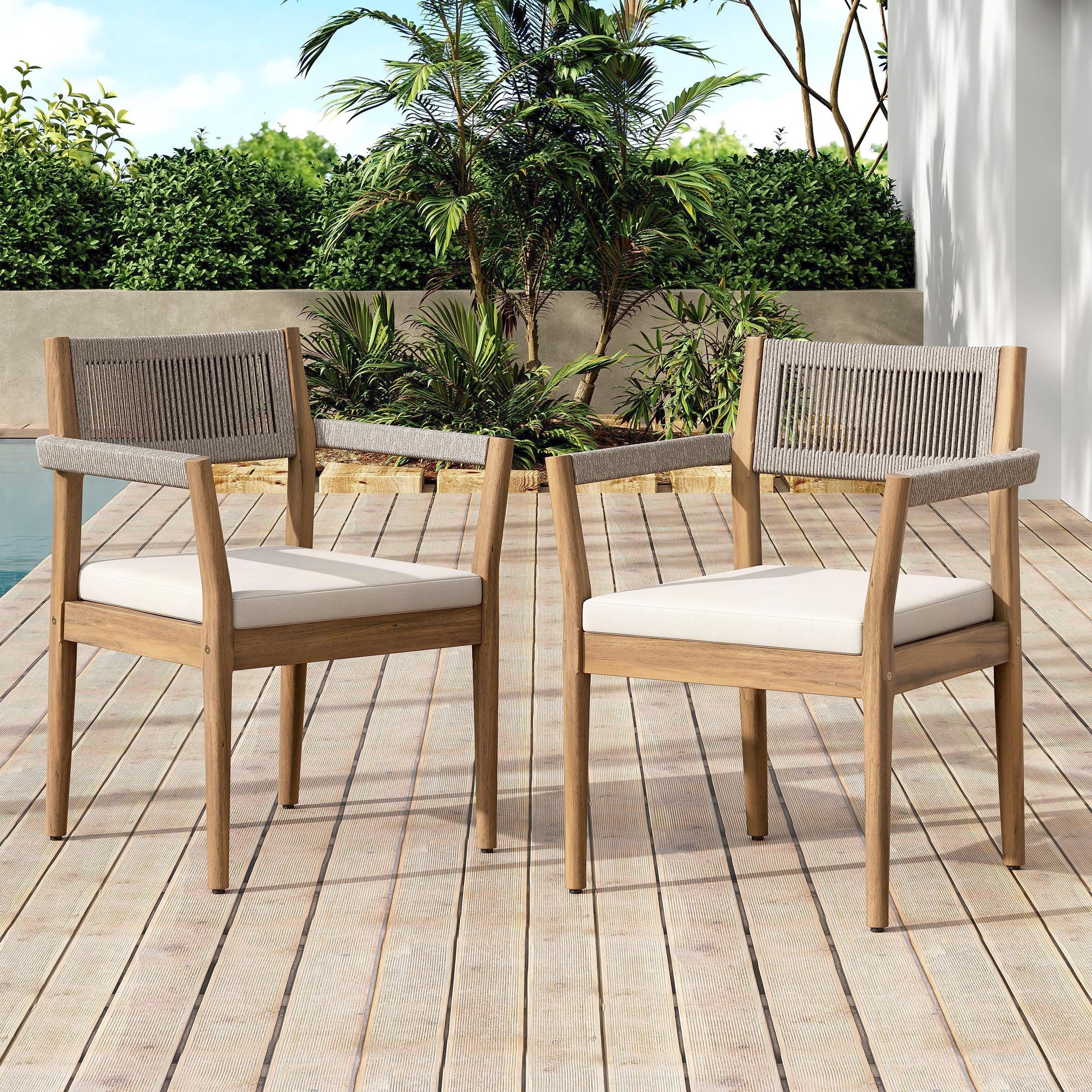 Braided acacia wood outdoor dining chairs set of 4 teak-look finish beige rope and cream cushions on Tampa Home & Garden Store