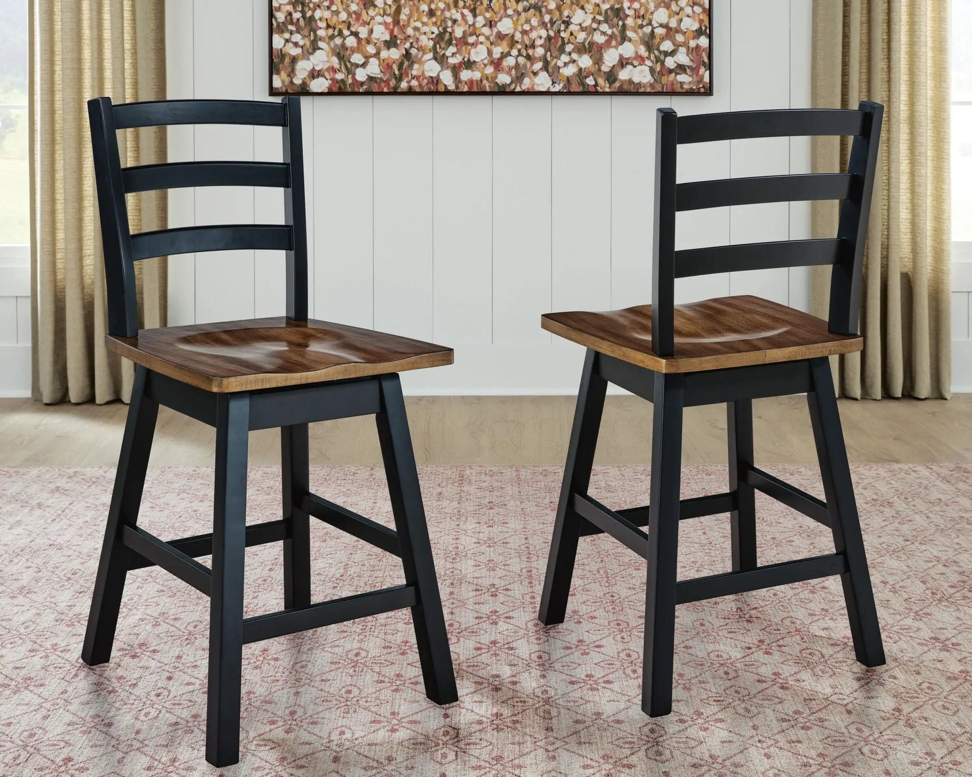 Wildenauer Swivel Stool Set of 2, black metal frames, wood seats, Unique Piece Furniture on Tampa Home & Garden Store