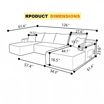126in Cloud sectional sofa with U-Shape chaise, side pockets and cup holder by HouseOfZazla on Tampa Home & Garden Store