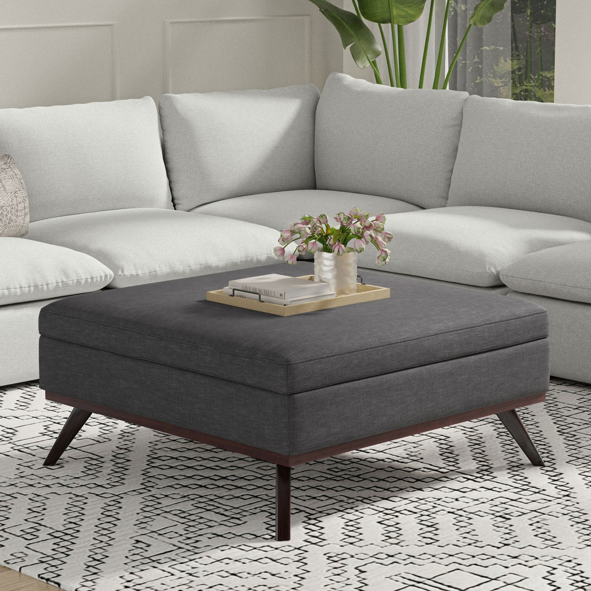Square Lift Top Coffee Table and Storage Ottoman in dark gray fabric with wooden legs tray decor on Tampa Home & Garden Store