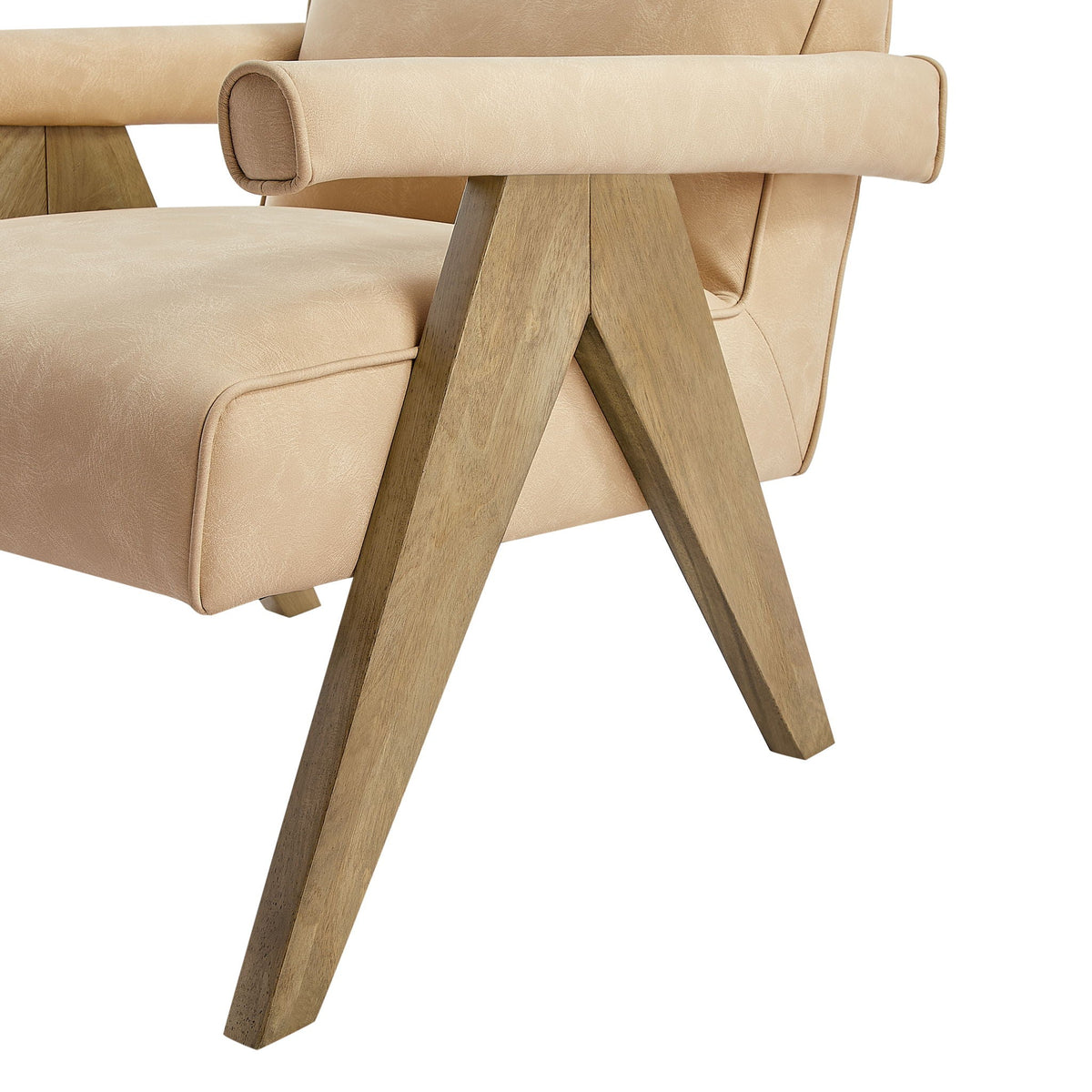 Nessi Arm Chair by HouseOfZazla with beige leatherette upholstery and solid wood A-frame legs on Tampa Home & Garden Store