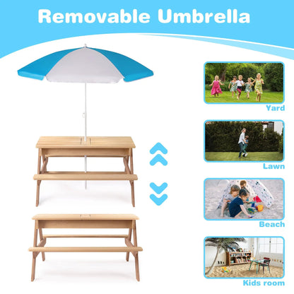 3-in-1 kids outdoor wooden picnic table with blue and white umbrella on Tampa Home & Garden Store
