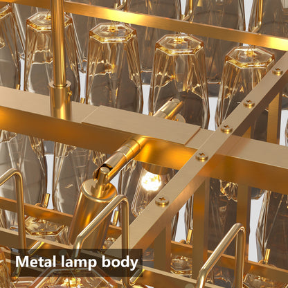 HouseOfZazla modern gold rectangle chandelier with crystal prisms for dining room on Tampa Home & Garden Store