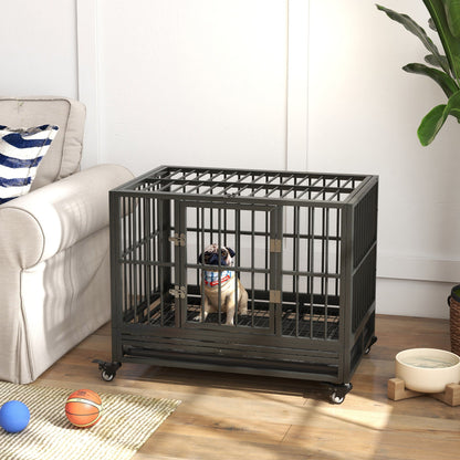 Pawhut 36in heavy duty gray metal dog crate with lockable wheels and double doors dog inside on Tampa Home & Garden Store