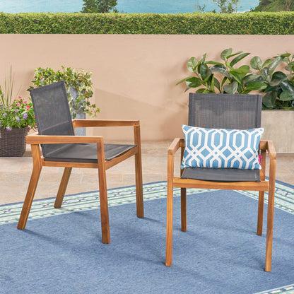 Belfast Dining Chair Set with mesh seating and acacia wood frames for outdoor use; set of 2 on Tampa Home & Garden Store