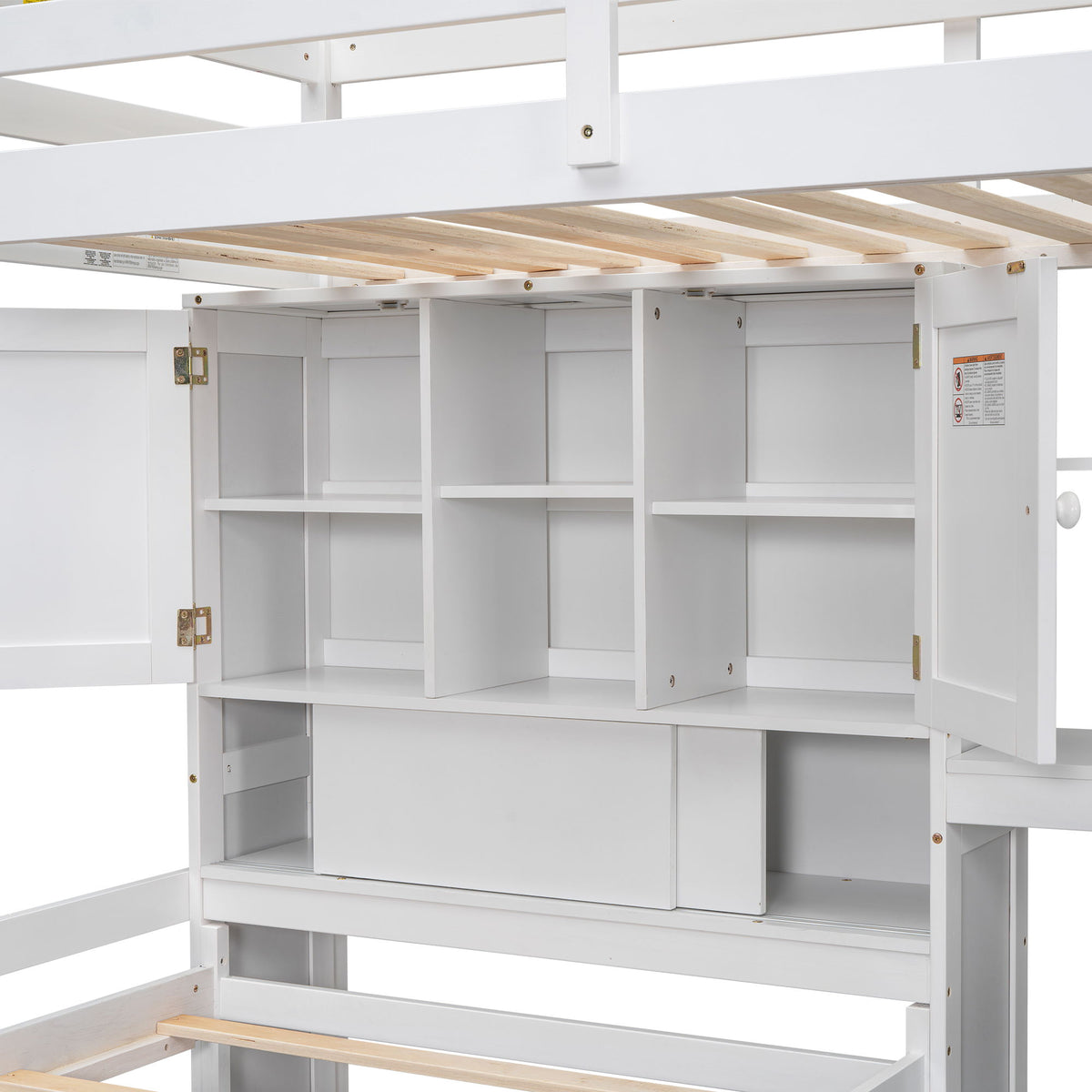 White loft bed with built-in desk and stairs by HouseOfZazla, wood slat platform on Tampa Home & Garden Store
