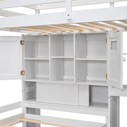White loft bed with built-in desk and stairs by HouseOfZazla, wood slat platform on Tampa Home & Garden Store