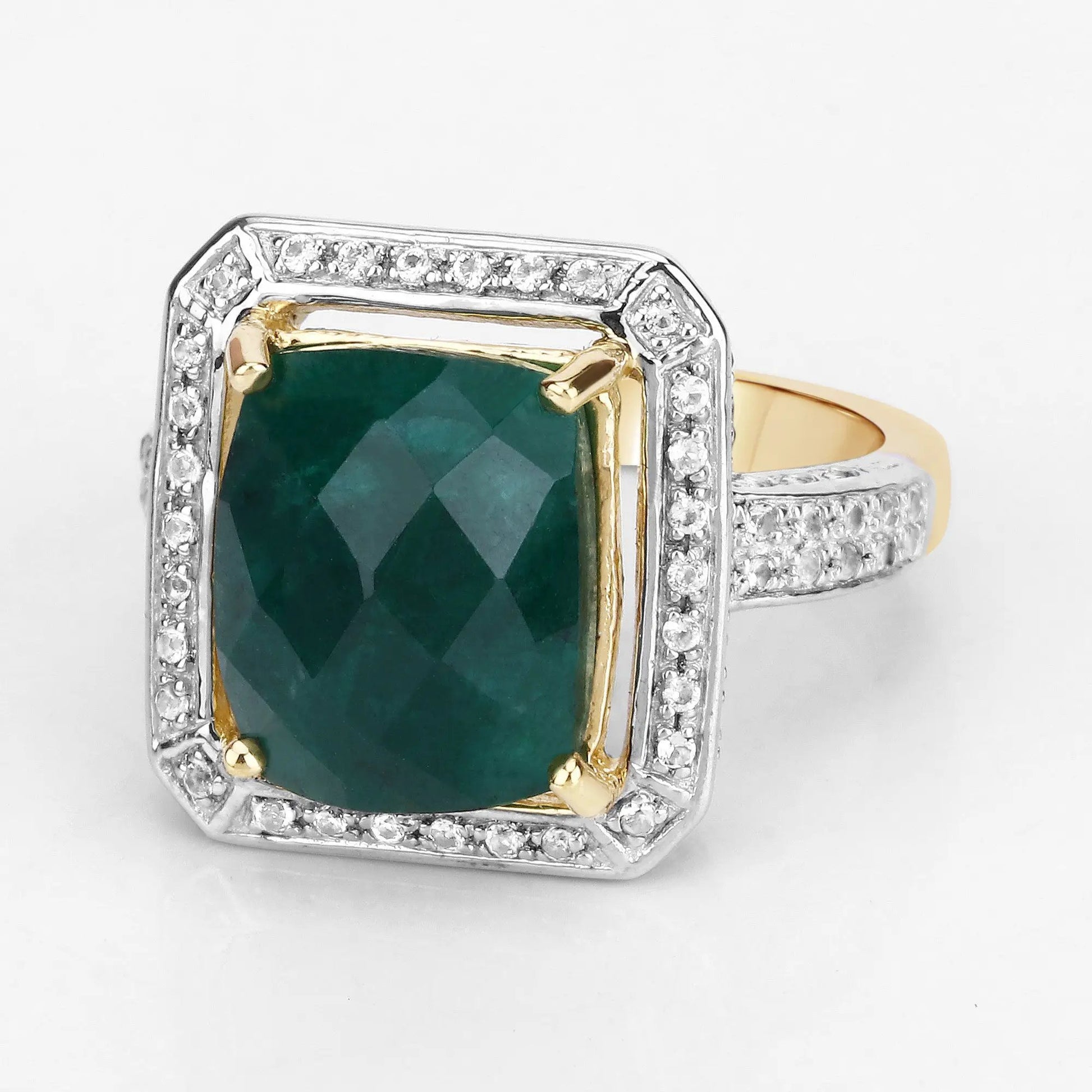 Ring with 5.18ct dyed emerald center and white topaz, two-tone .925 silver and gold, pave halo on Tampa Home & Garden Store