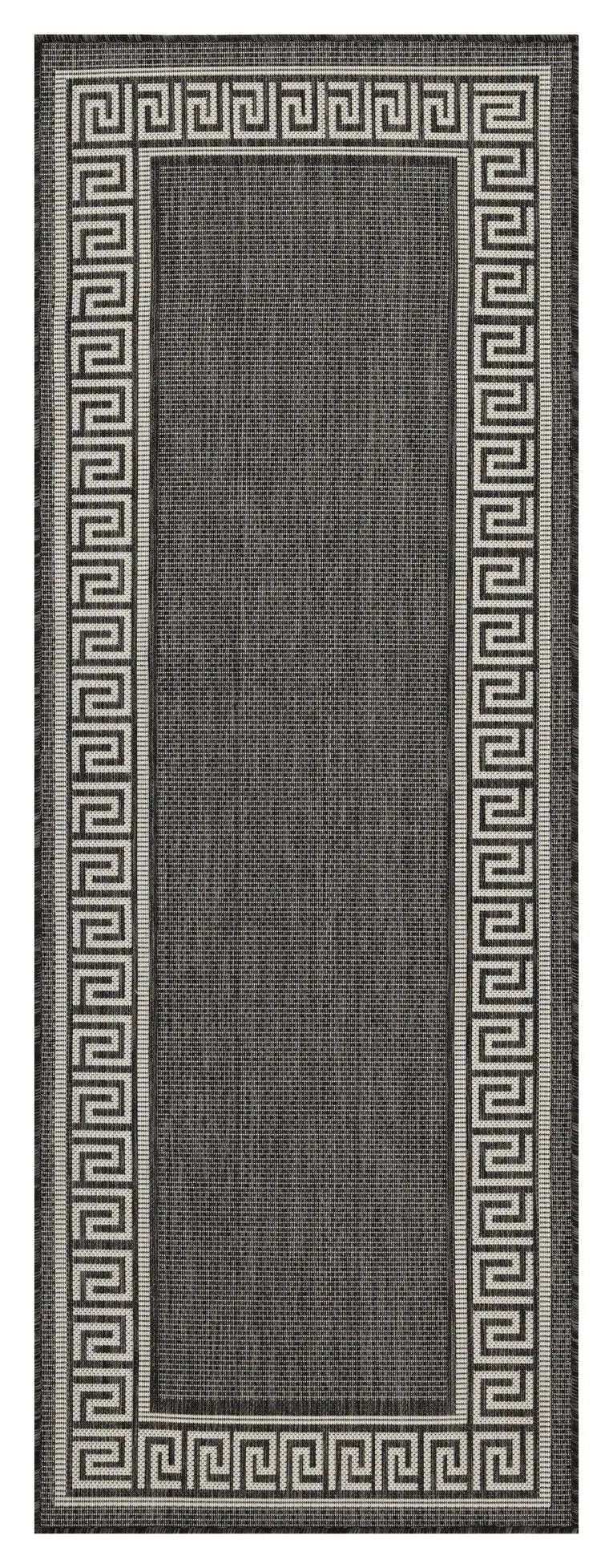 Sunshine runner rug polypropylene indoor/outdoor charcoal field with Greek key border on Tampa Home & Garden Store