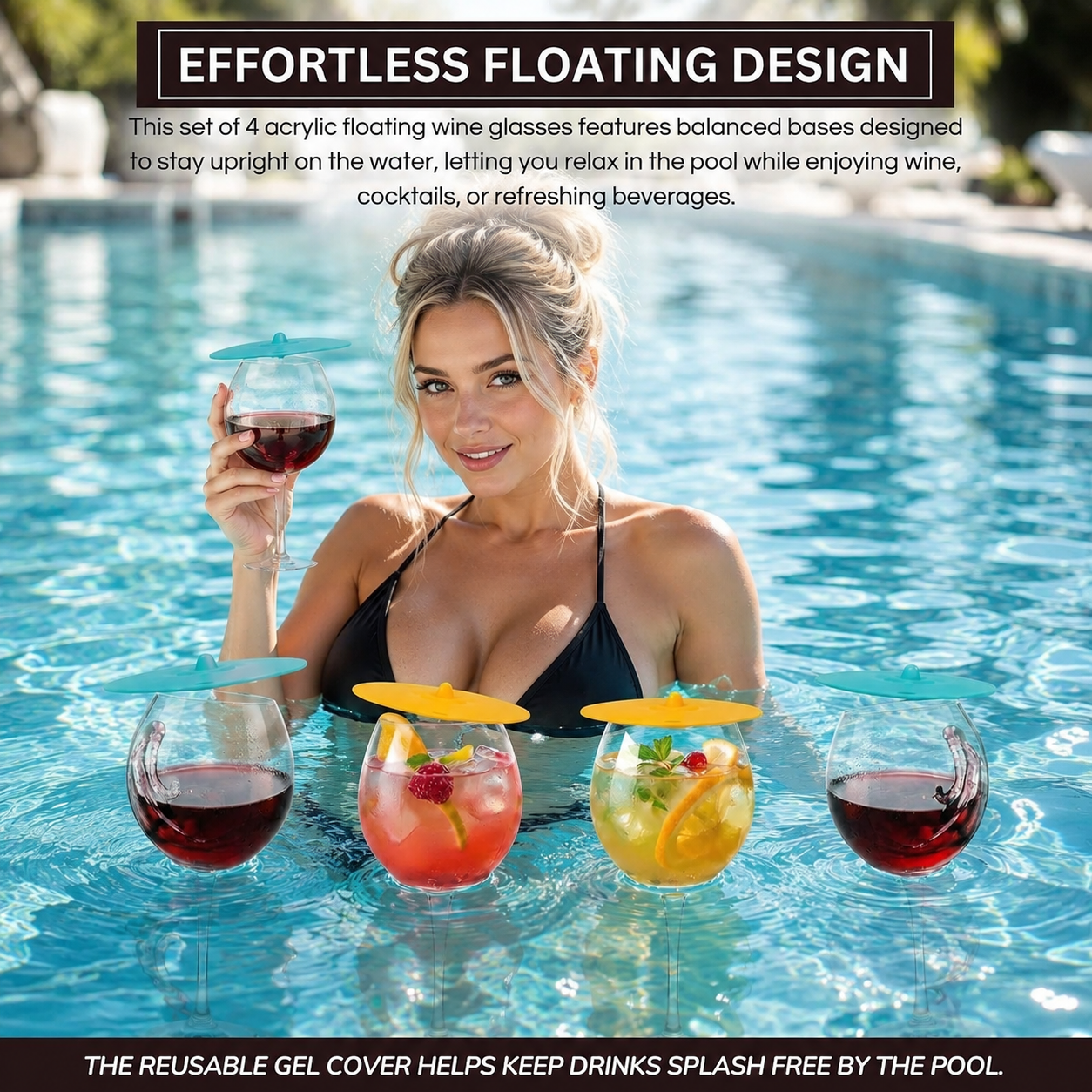 Floating Wine Glasses for Pool Set of 4 with Lids