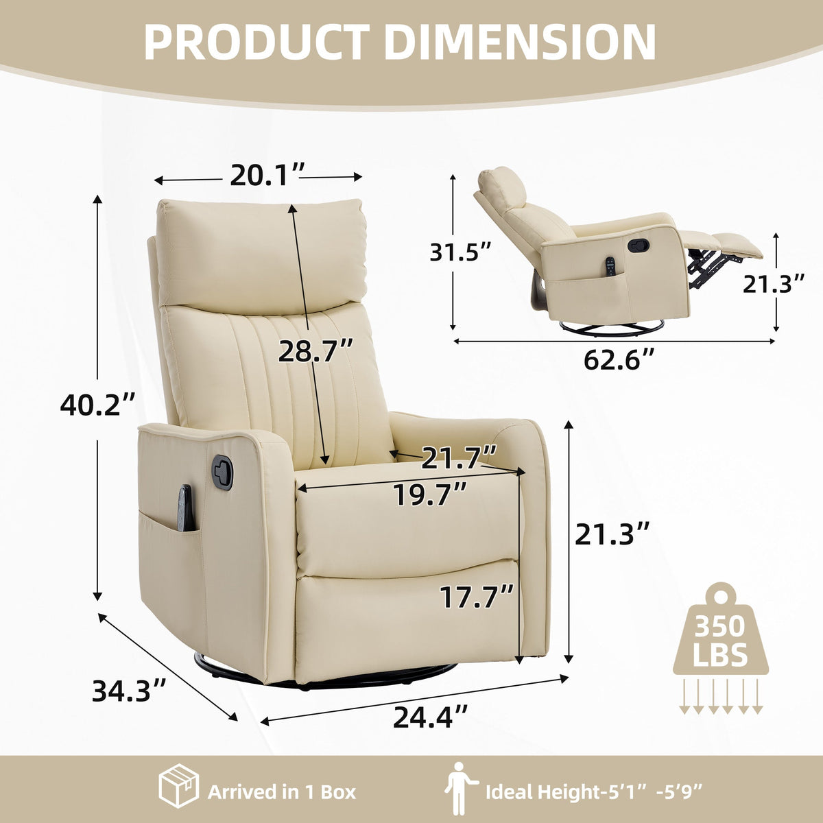 Beige HouseOfZazla heat massage manual recliner chair with rocker and swivel, faux leather on Tampa Home & Garden Store