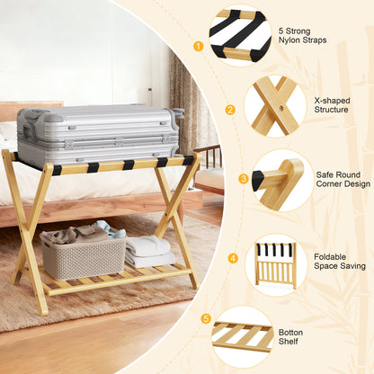 Folding bamboo luggage rack with lower shelf and black nylon straps, holding a silver suitcase on Tampa Home & Garden Store