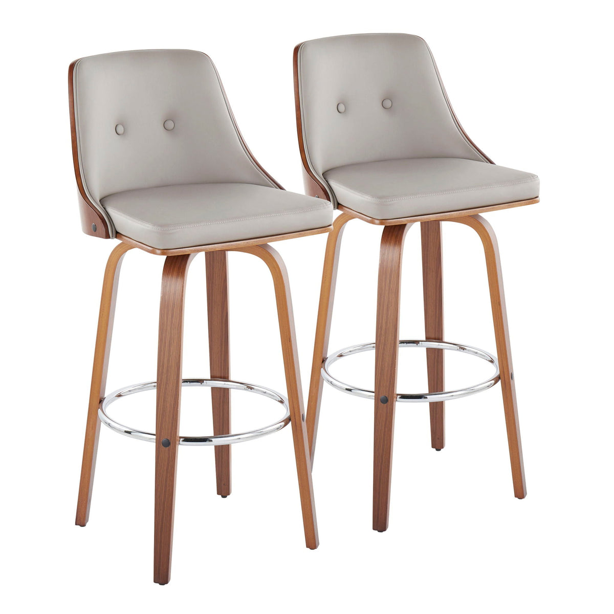 Mid-Century Modern swivel barstool set in gray with curved wood legs and round footrest 2 stools on Tampa Home & Garden Store