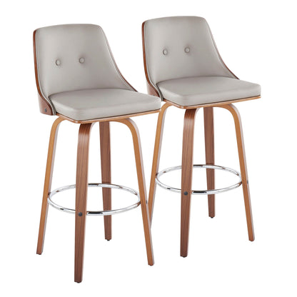 Mid-Century Modern swivel barstool set in gray with curved wood legs and round footrest 2 stools on Tampa Home & Garden Store