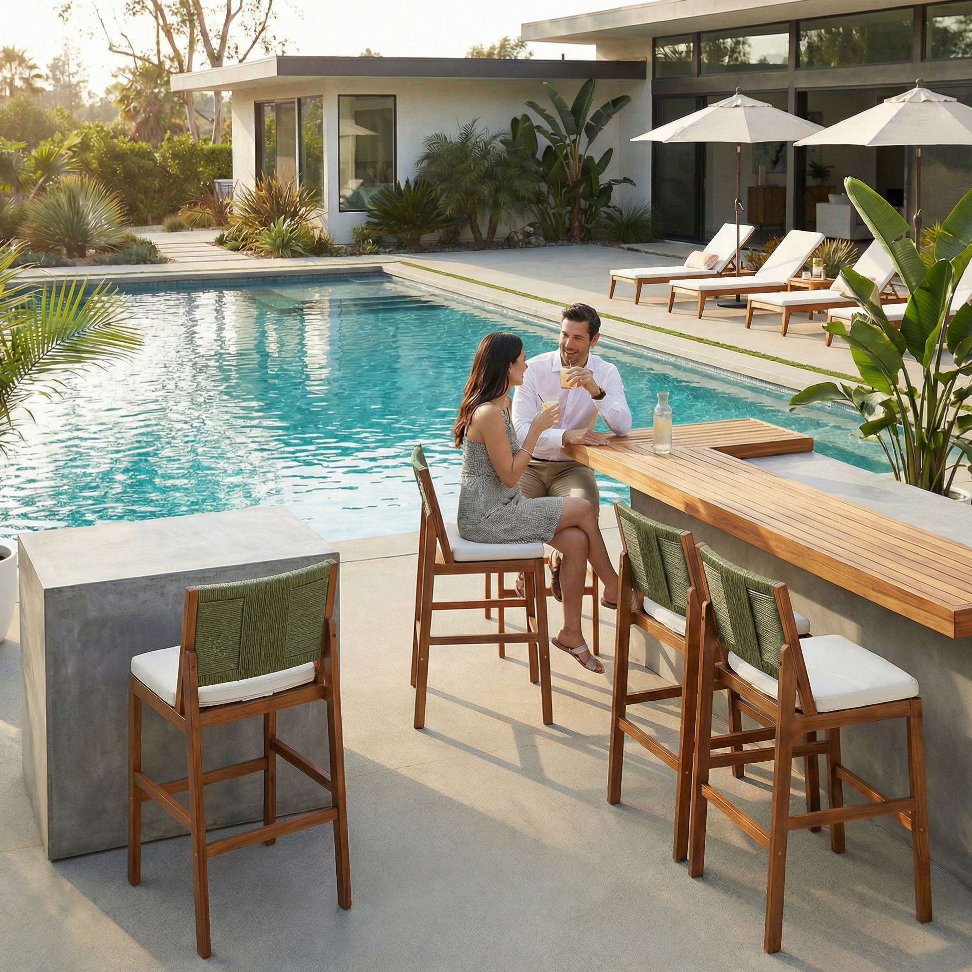 Arly Green Outdoor Bar Stool Set 4-piece with wood frames and white cushions HouseOfZazla on Tampa Home & Garden Store