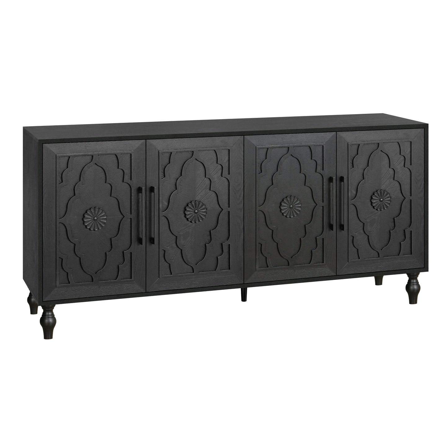 Carved Flower Door Large Storage Cabinet with Metal Handle in black finish accent cabinet on Tampa Home & Garden Store