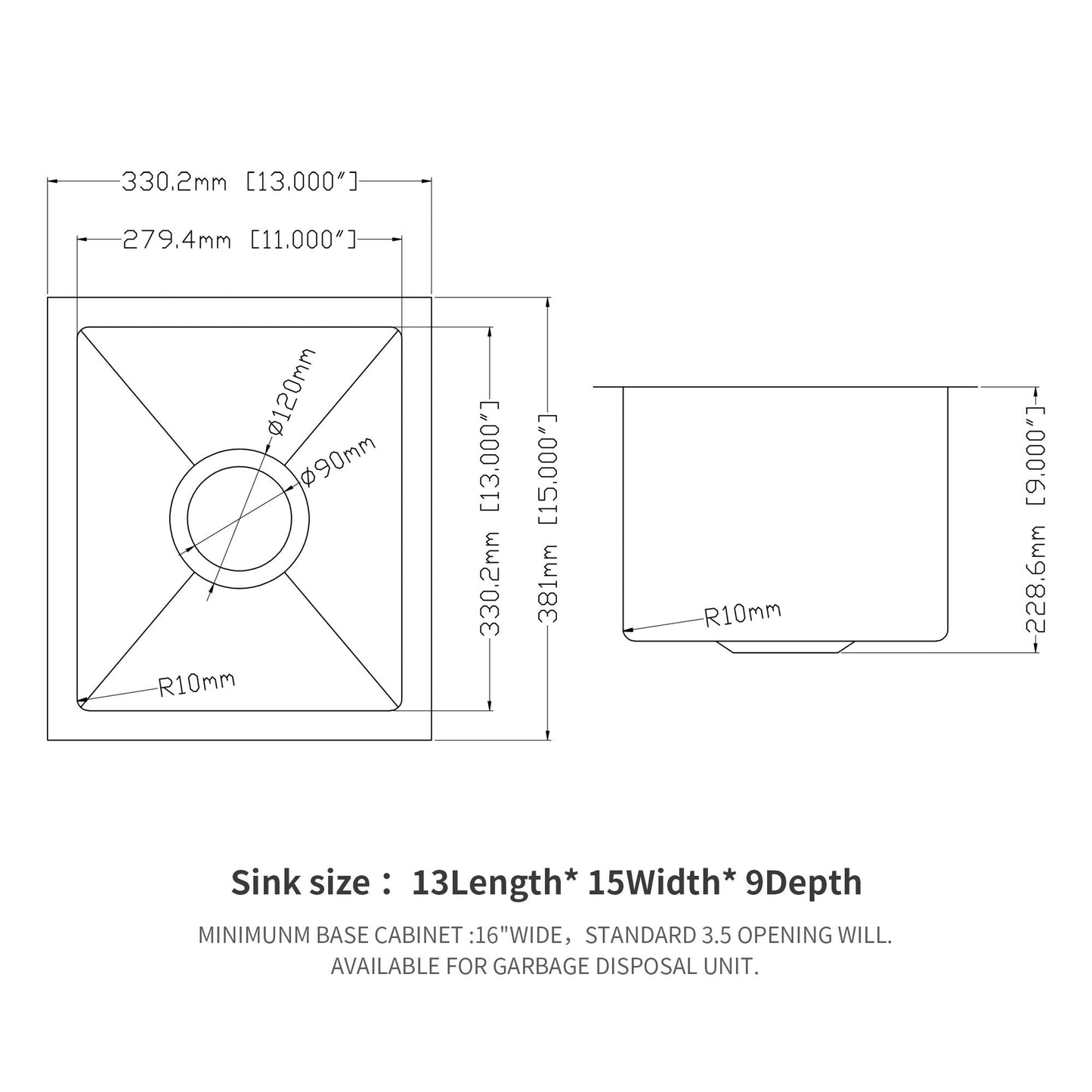 HouseOfZazla undermount stainless steel sink, 16 gauge, deep single bowl, 13Lx15Wx9D diagram on Tampa Home & Garden Store