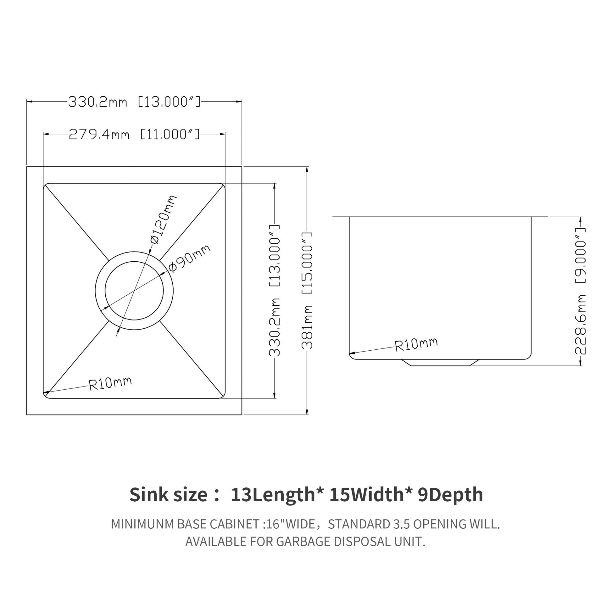 HouseOfZazla undermount stainless steel sink, 16 gauge, deep single bowl, 13Lx15Wx9D diagram on Tampa Home & Garden Store