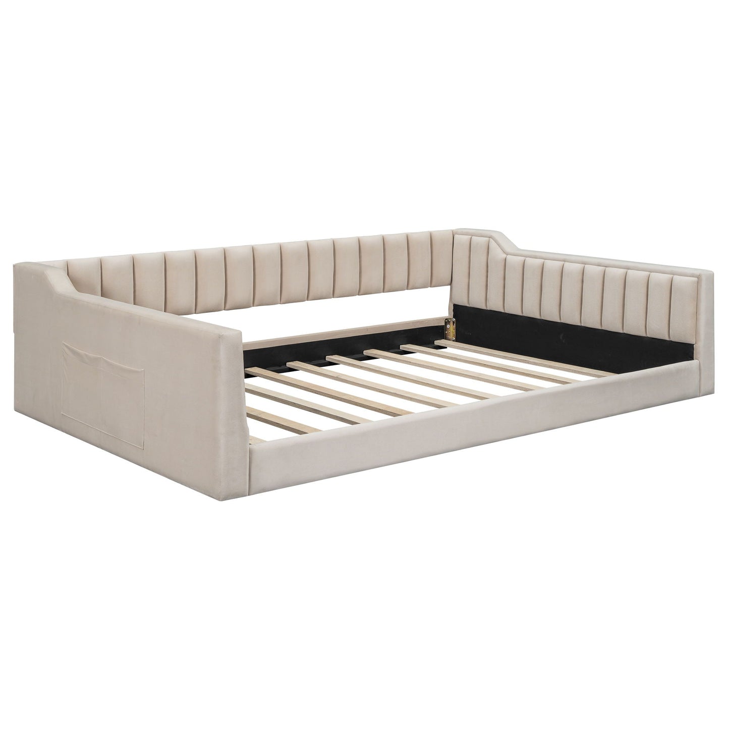 Daybed with side storage pocket in beige tufted upholstery with slatted base on Tampa Home & Garden Store