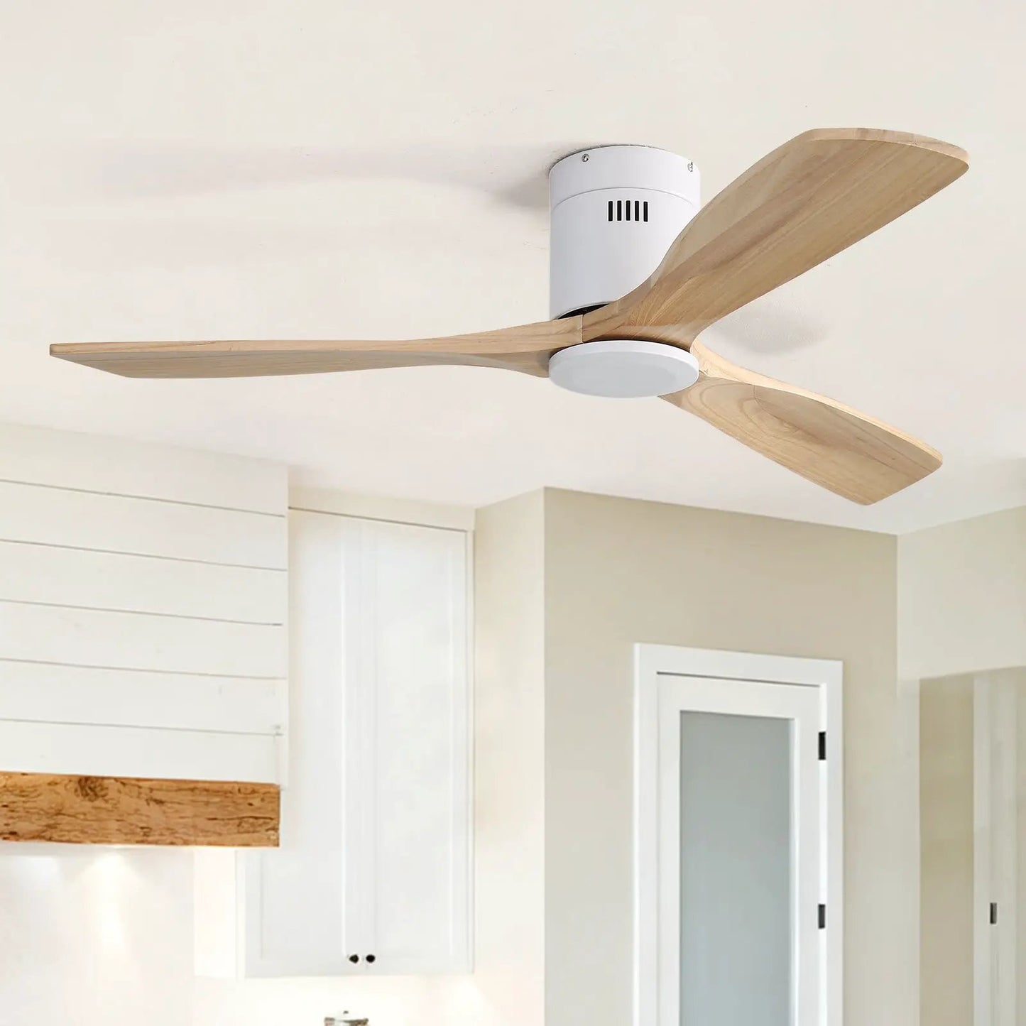 Low profile ceiling fan with 3 natural wood blades and white motor housing remote control on Tampa Home & Garden Store