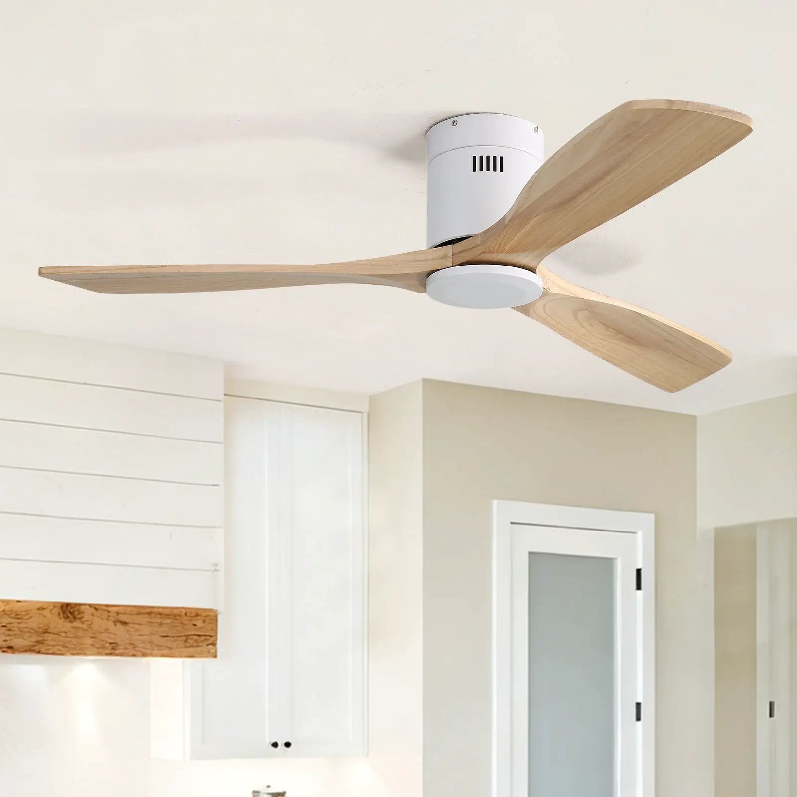 Low profile ceiling fan with 3 natural wood blades and white motor housing remote control on Tampa Home & Garden Store